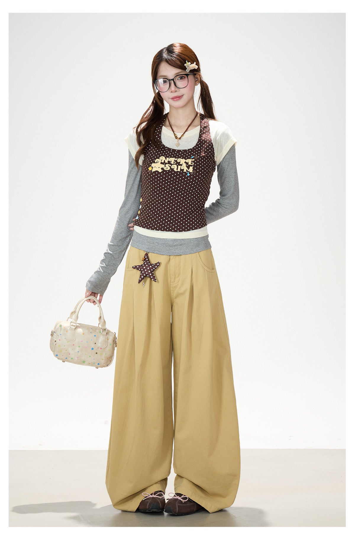 Coffee Polka-Dot Layered Long Sleeve Top