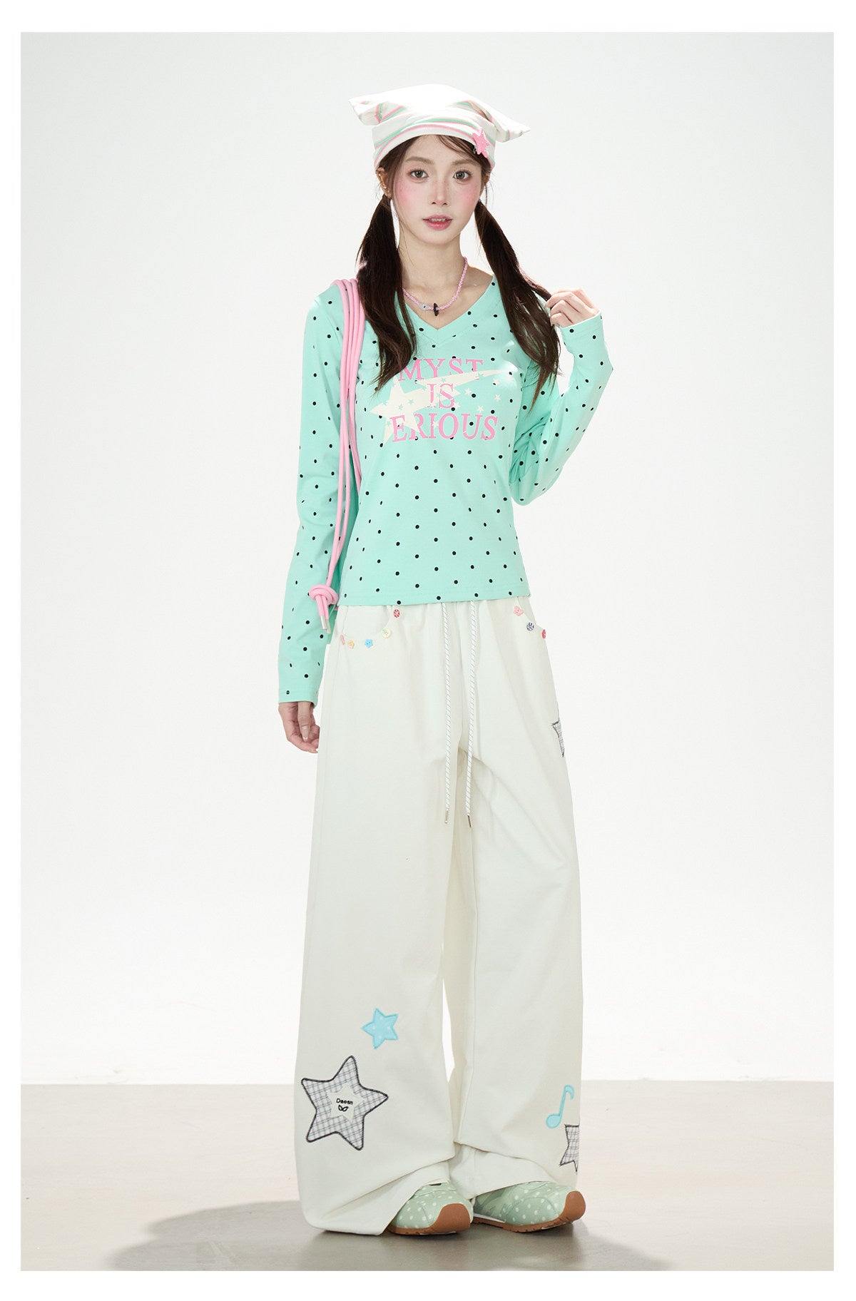 Polka-Dot V-Neck Long Sleeve Top & Star Music Note Wide-Leg Pants