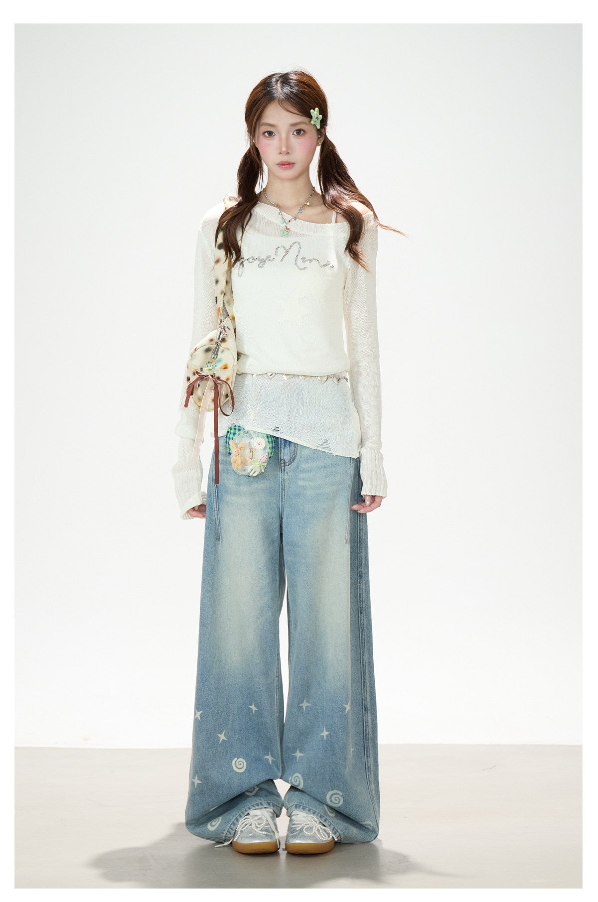 Playful Star Print Washed Wide-Leg Jeans