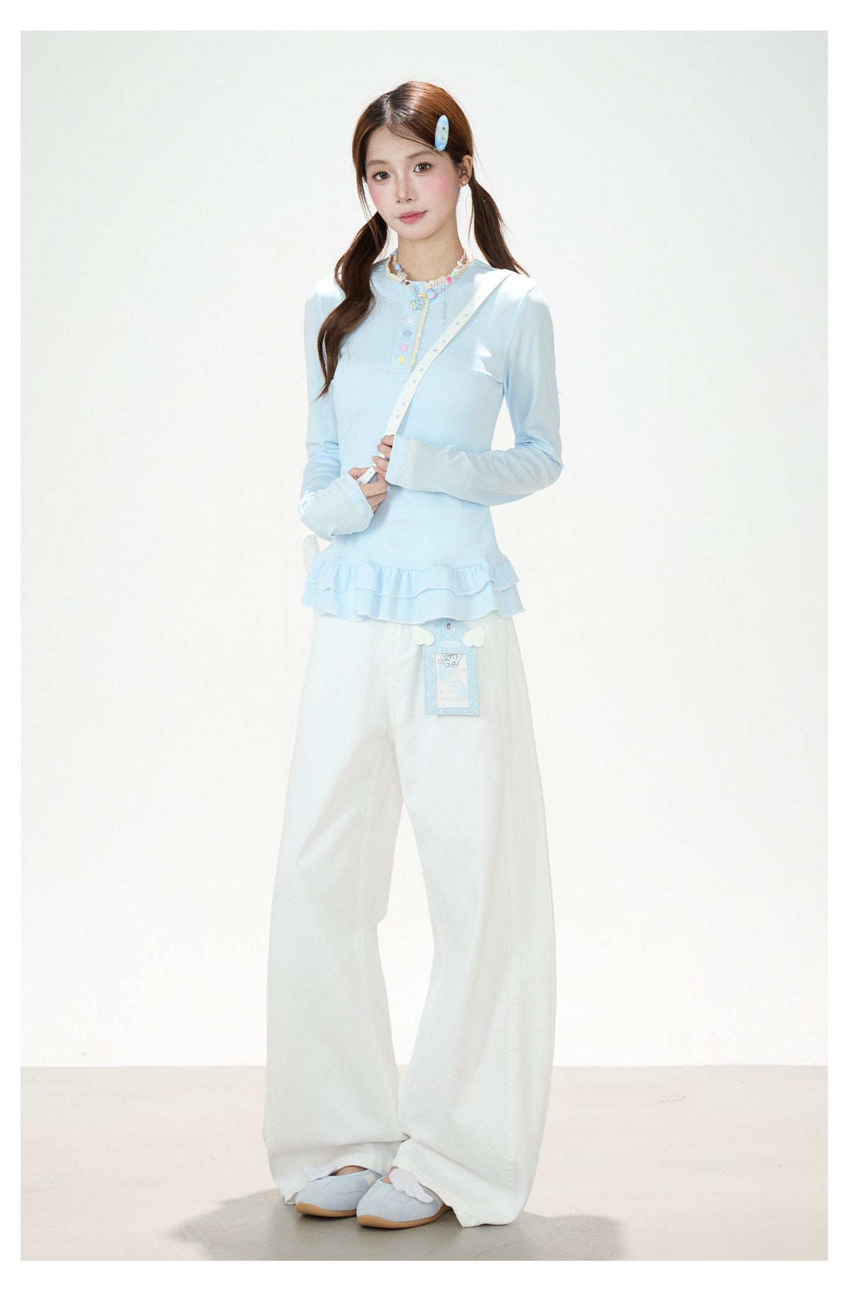 Ruffle Hem Button Long Sleeve Top & White Wide-Leg Pants