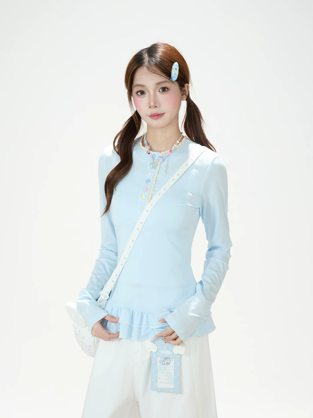 Ruffle Hem Button Long Sleeve Top & White Wide-Leg Pants