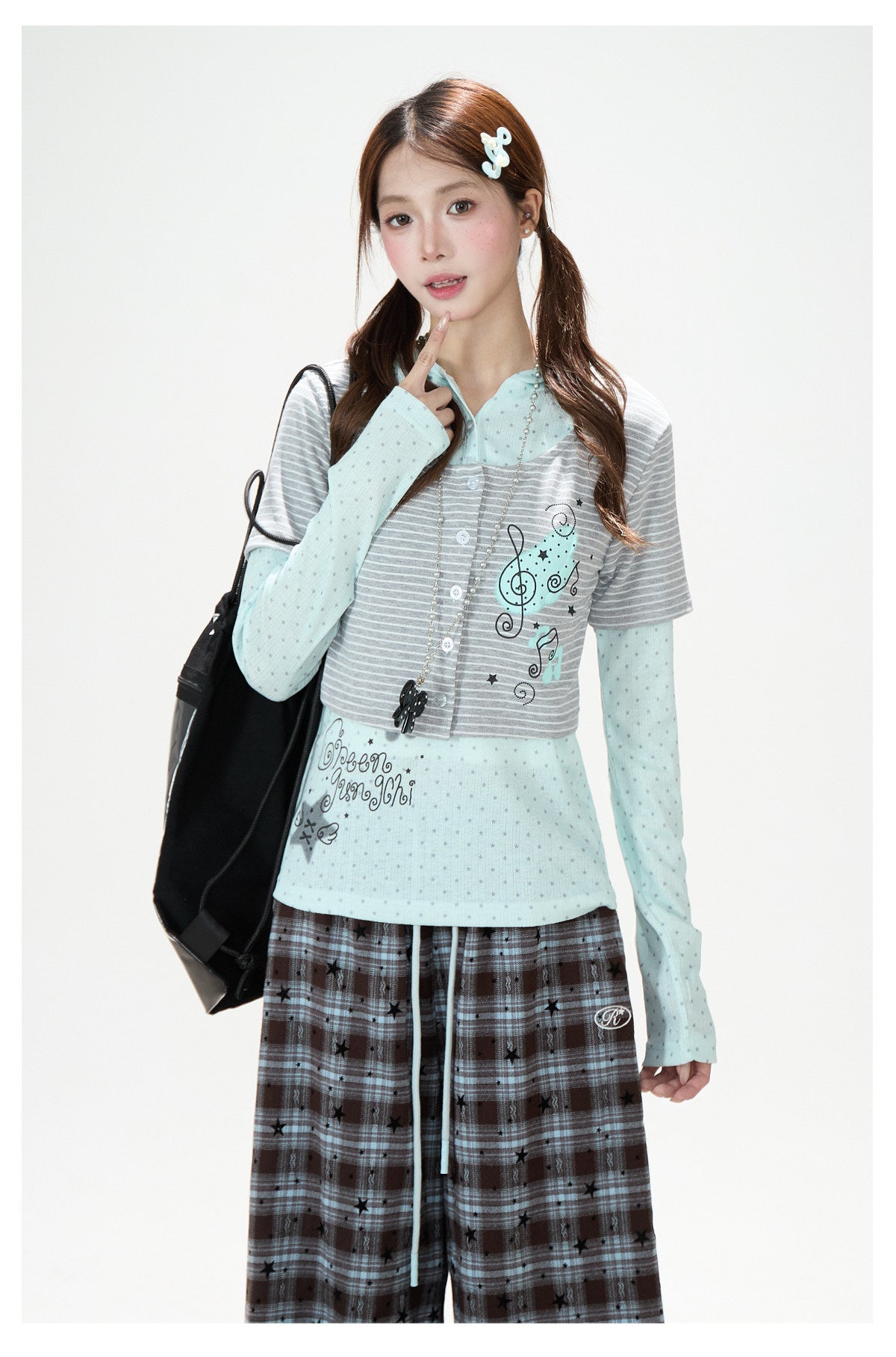 Striped Polka-Dot Layered Two-Piece Top Set & Star Patch Wide-Leg Jeans