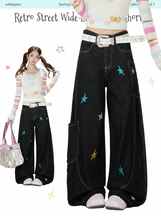 Star Embroidered Deconstructed Wide-Leg Cargo Jeans