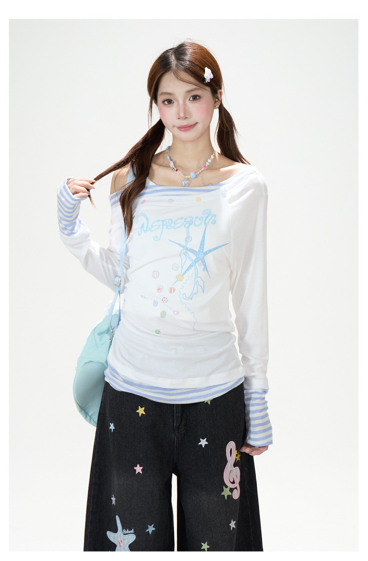 Starfish Off-Shoulder Layered Long Sleeve Top & White Wide-Leg Pants