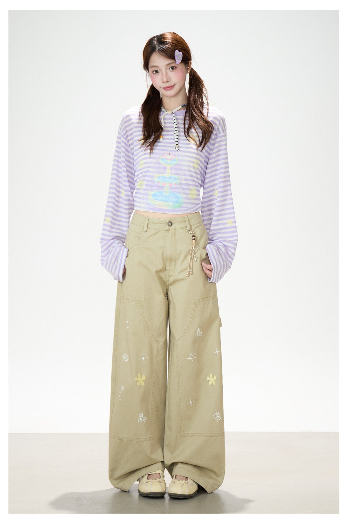 Khaki Embroidered Wide-Leg Cargo Pants