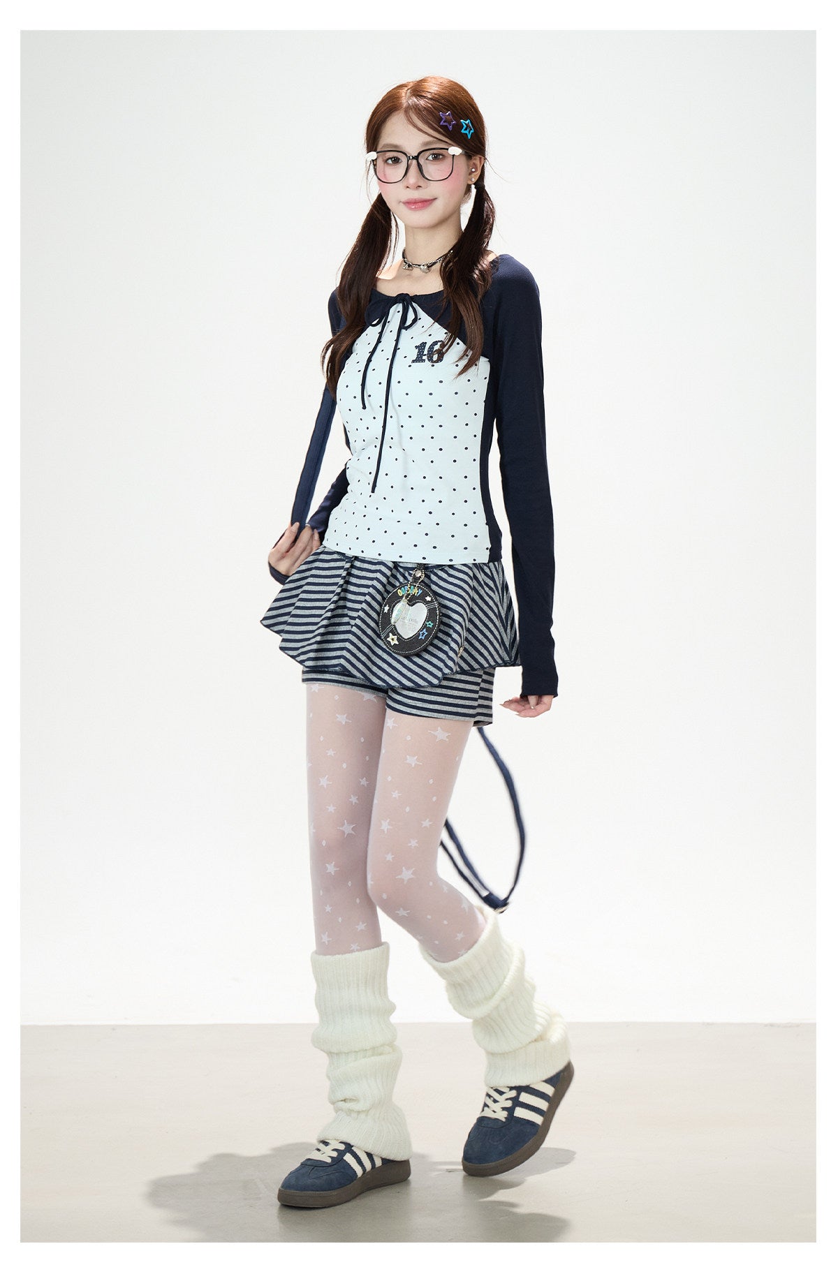 Polka-Dot Tie-Front Off-Shoulder Long Sleeve Top & Royal Blue Stripe Ruffle Mini Skirt