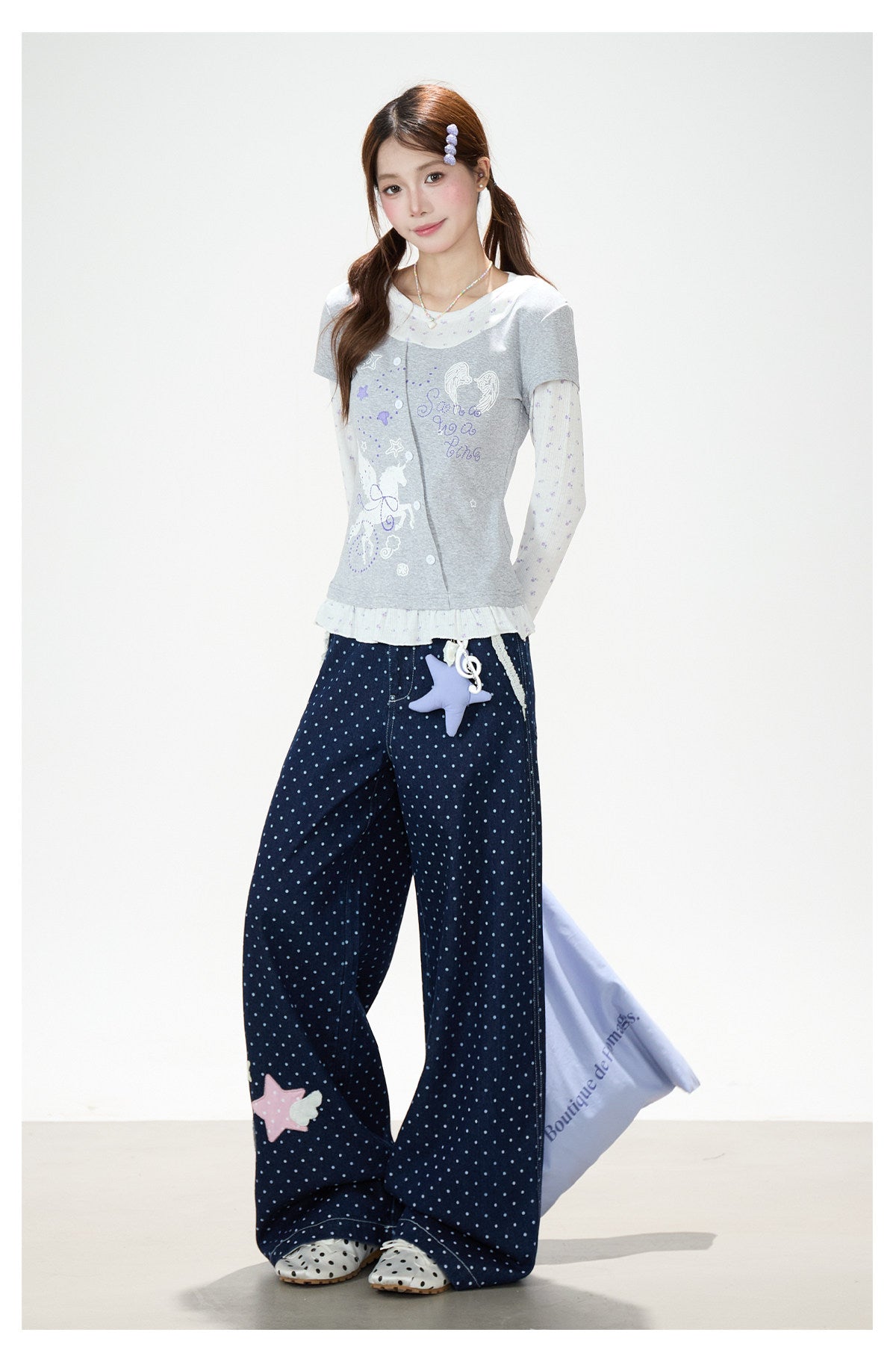 Floral Layered Long Sleeve Top & Navy Polka-Dot Wide-Leg Pants
