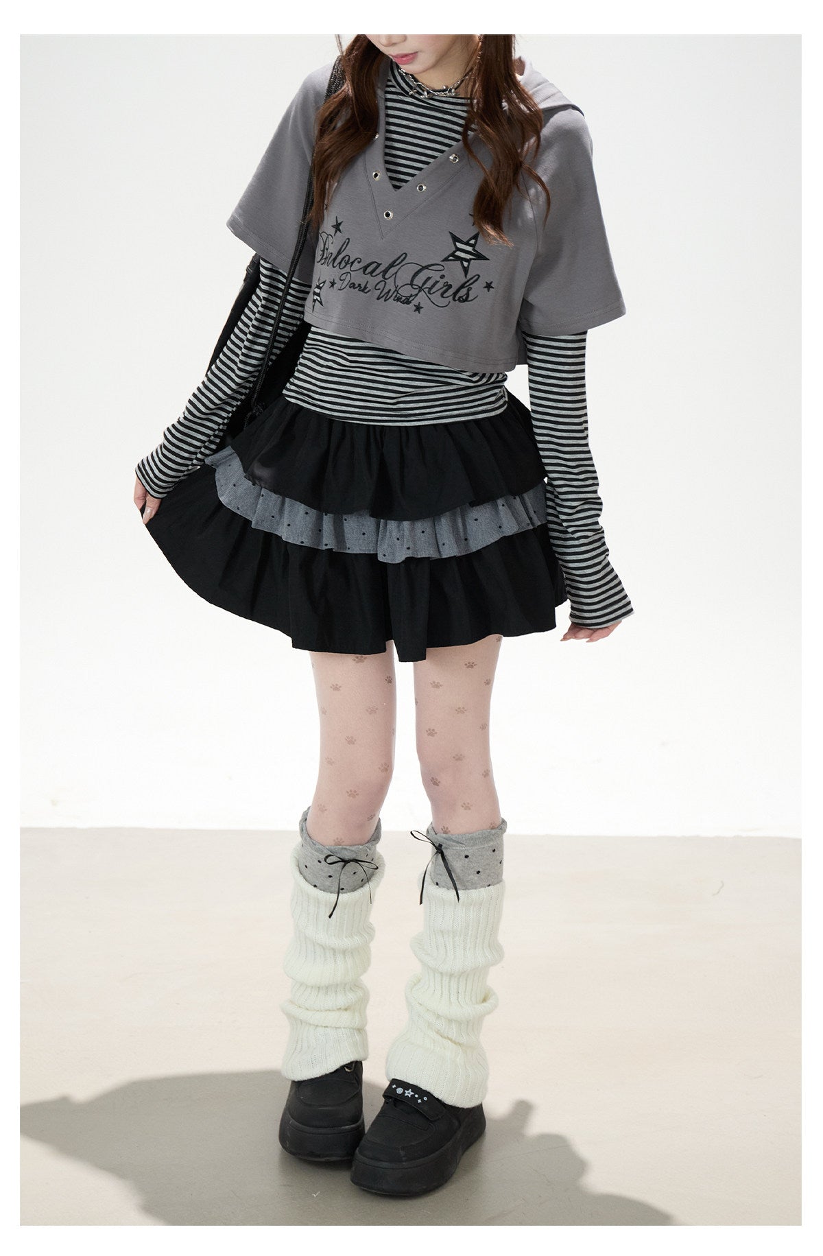 Graphic Cropped Hooded Tee, Striped Layering Long Sleeve Top & Tiered Mini Skirt