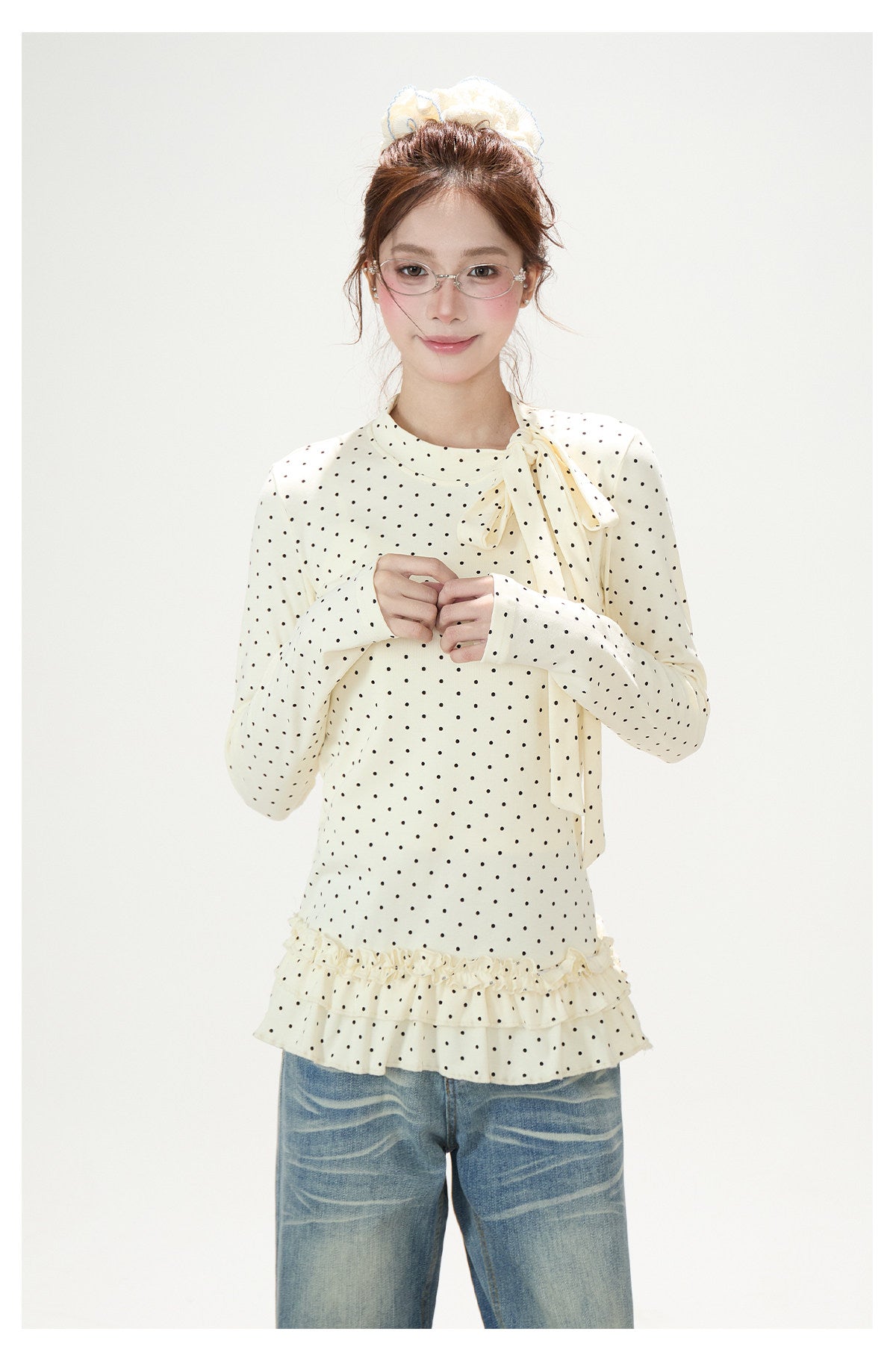 Polka-Dot Bow Ruffle-Hem Long Sleeve Top & Washed Flare Jeans