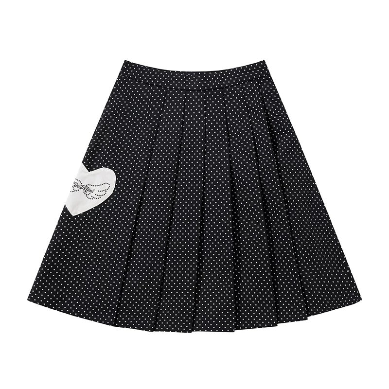 Striped Openwork Knit Cardigan & Black Polka-Dot Pleated Midi Skirt
