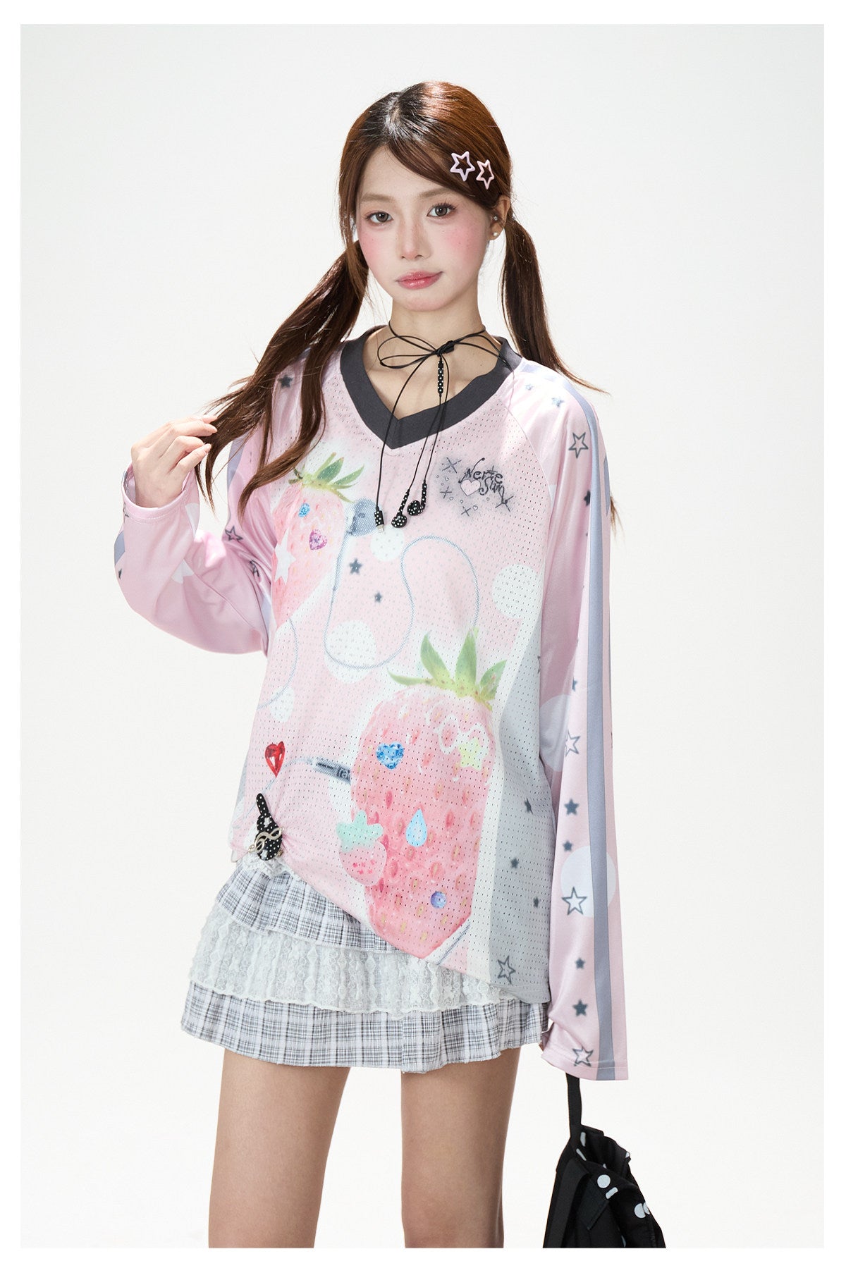 Strawberry Star Mesh V-Neck Long Sleeve Jersey Top