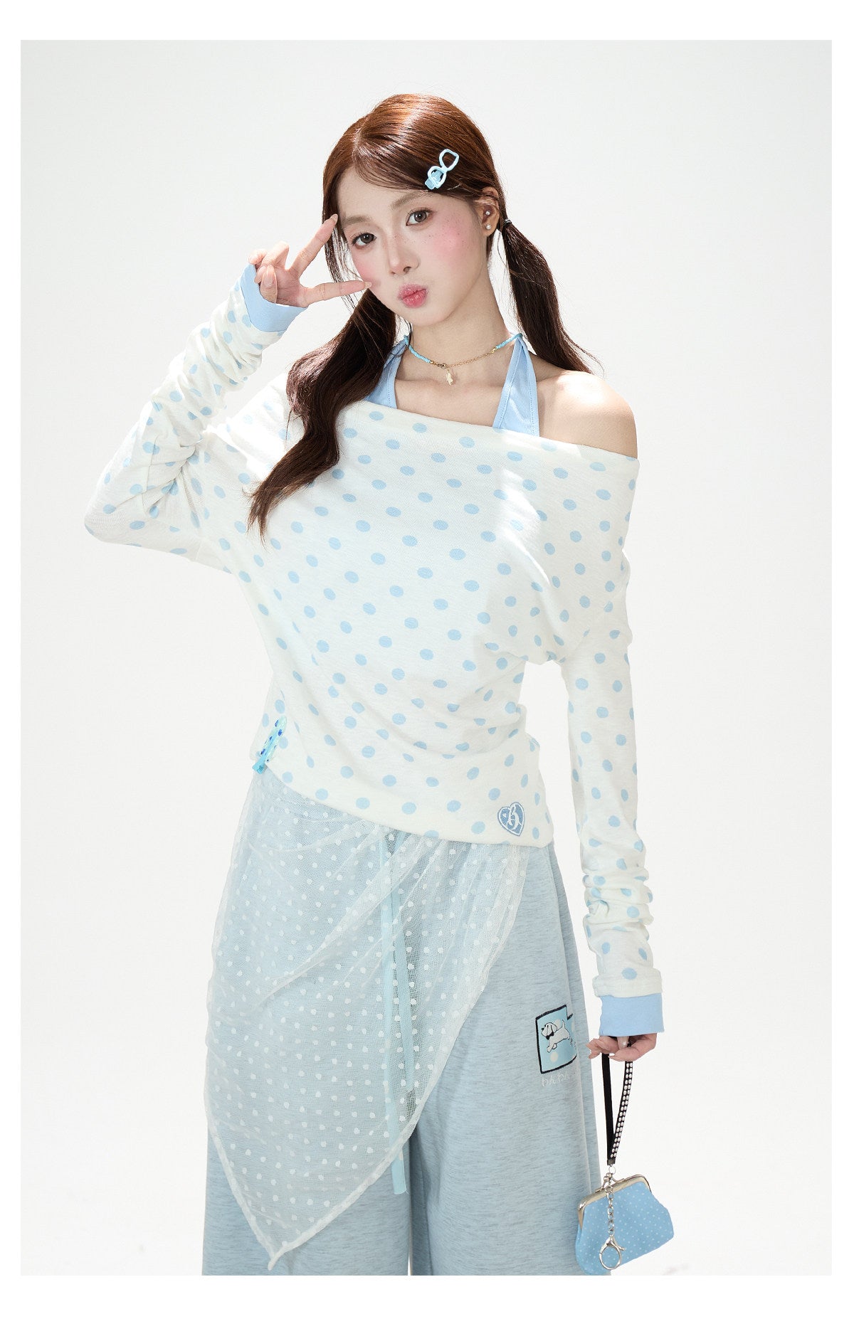 Polka-Dot Off-Shoulder Layered Long Sleeve Top & Blue Wide-Leg Pants