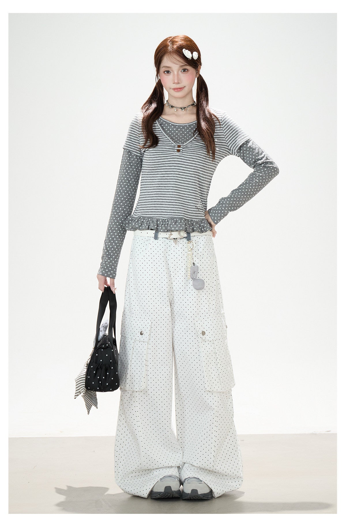 Polka-Dot Stripe Layered Long Sleeve Top & Embroidered Khaki Wide-Leg Cargo Pants