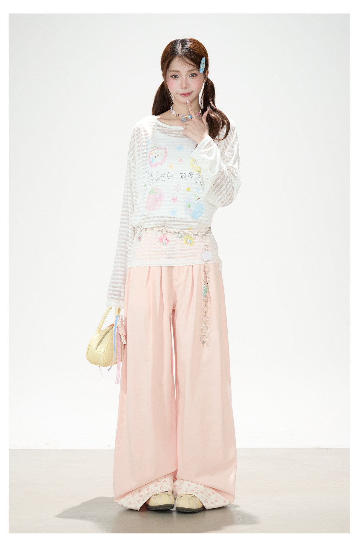 Playful Stripe Graphic Sheer Long Sleeve Top & Pink Wide-Leg Pants