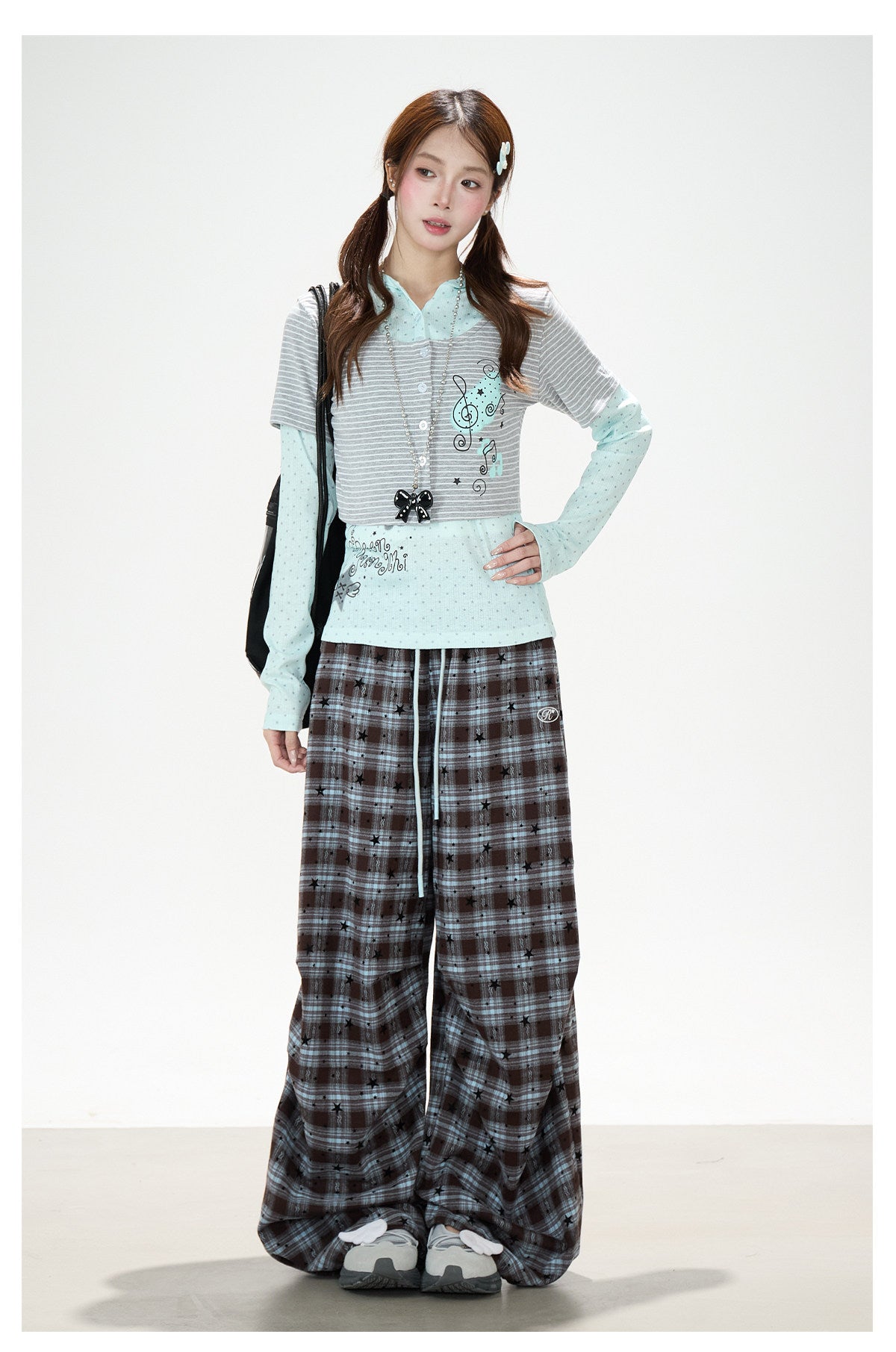 Striped Polka-Dot Layered Two-Piece Top Set & Star Patch Wide-Leg Jeans
