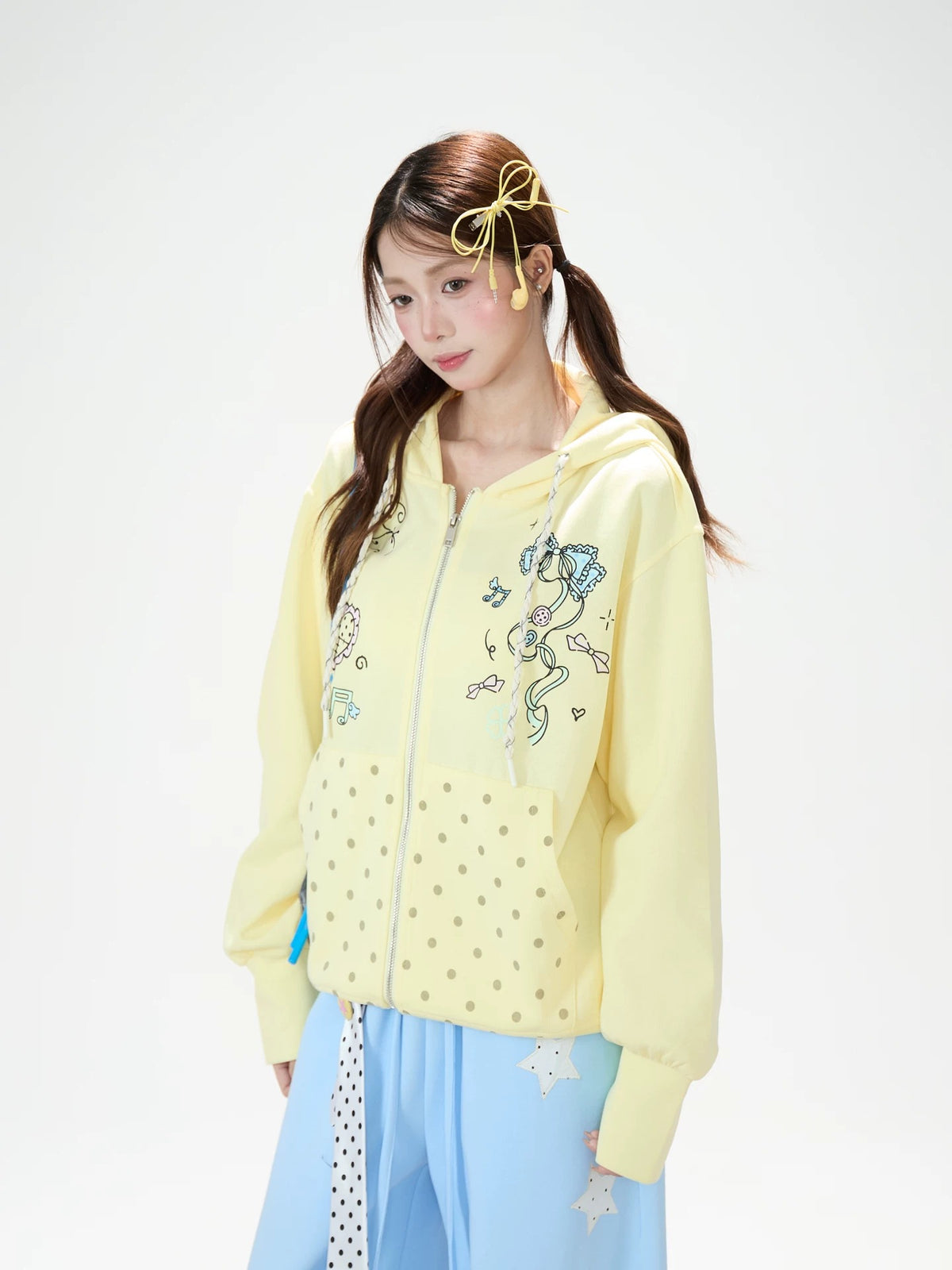 Hand-Drawn Polka-Dot Zip-Up Hoodie & Pink Ruffle Mini Skirt