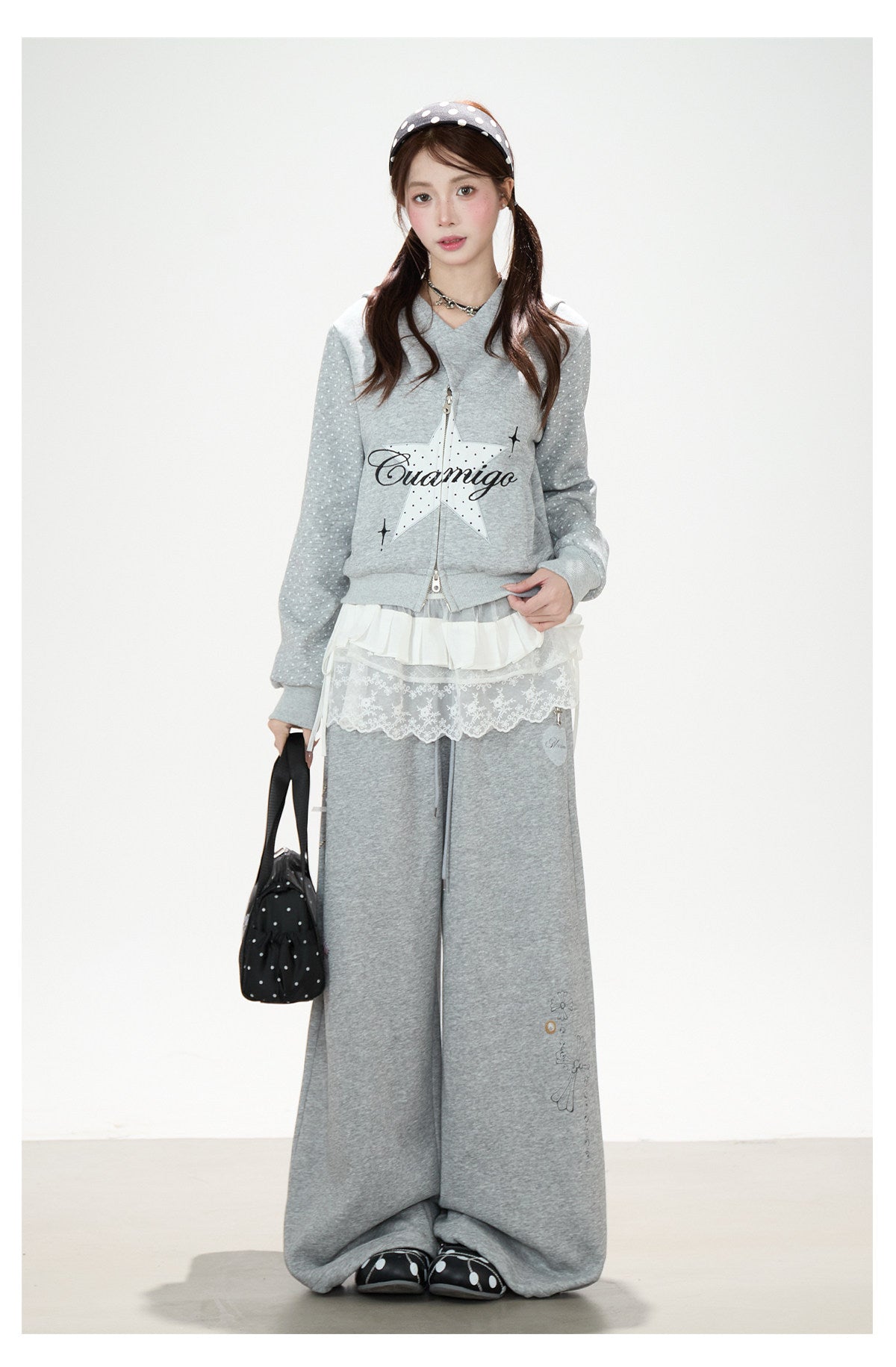 Star Polka-Dot Cropped Zip-Up Hoodie & Paw Print Graphic Wide-Leg Jeans