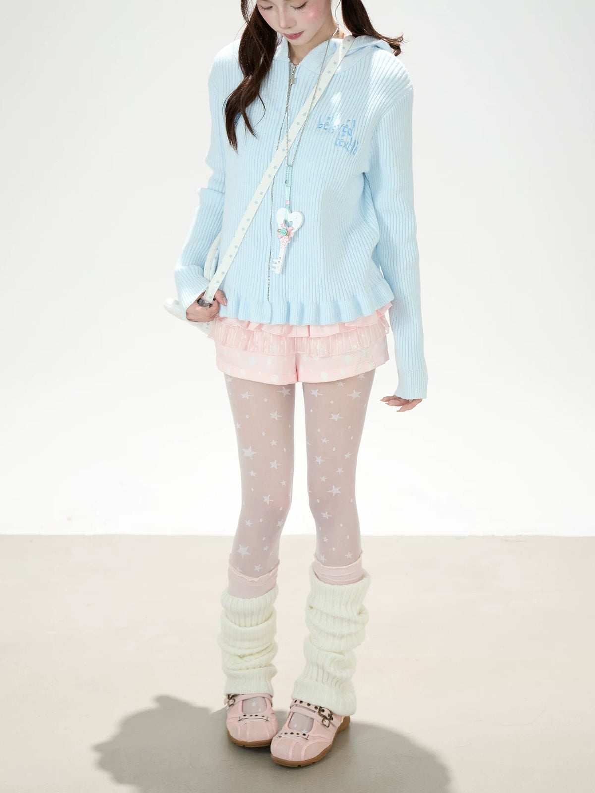 Cat-Ear Hooded Knit Zip Cardigan & Pink Ruffle Shorts
