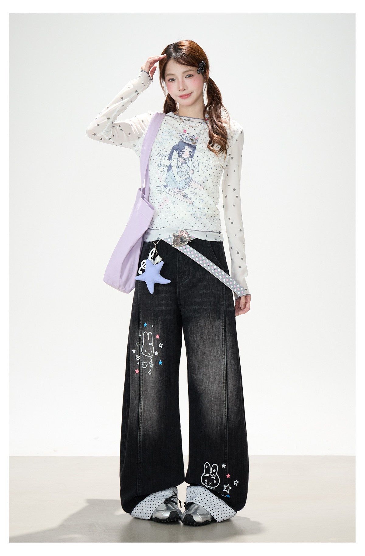 Anime Star Polka-Dot Mesh Long Sleeve Top & Bunny Graphic Wide-Leg Jeans