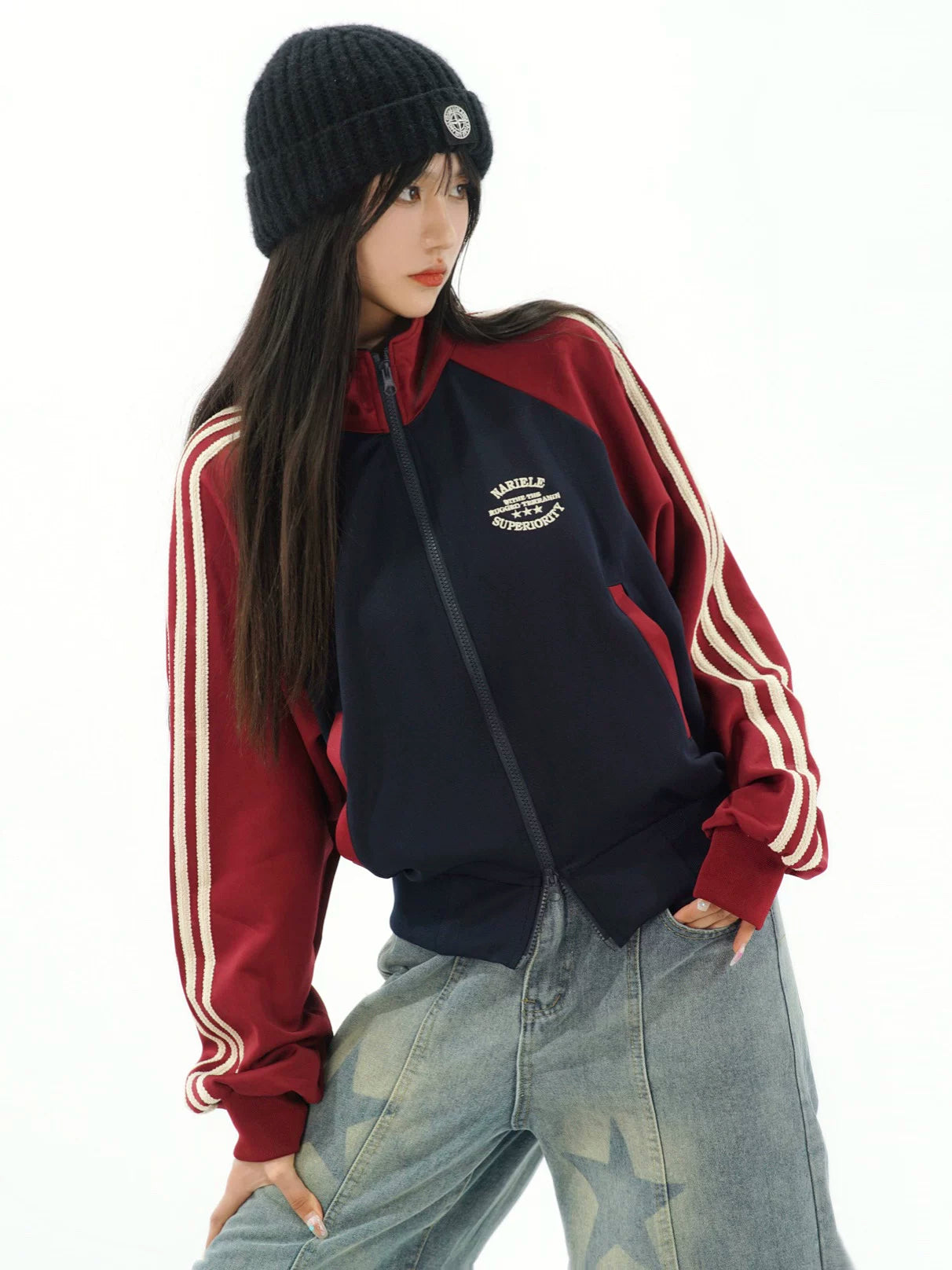 Farbblock-Trainingsjacke mit Seitenstreifen (Marineblau / Aprikose)