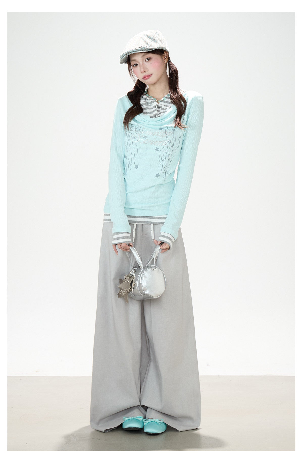 Cowl-Neck Hooded Layered Long Sleeve Top & Gray Wide-Leg Pants