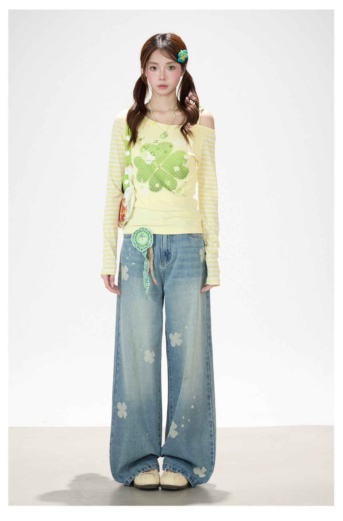 Clover Stripe Off-Shoulder Long Sleeve Top & Star Music Note Wide-Leg Jeans