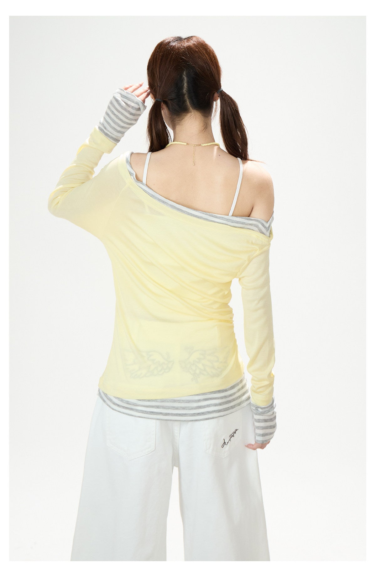 Starfish Stripe Off-Shoulder Layered Long Sleeve Top & Graphic Wide-Leg Pants