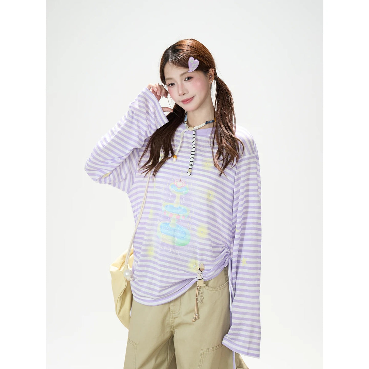 Pastel Stripe Cartoon Drawstring Long Sleeve Top & Khaki Wide-Leg Pants
