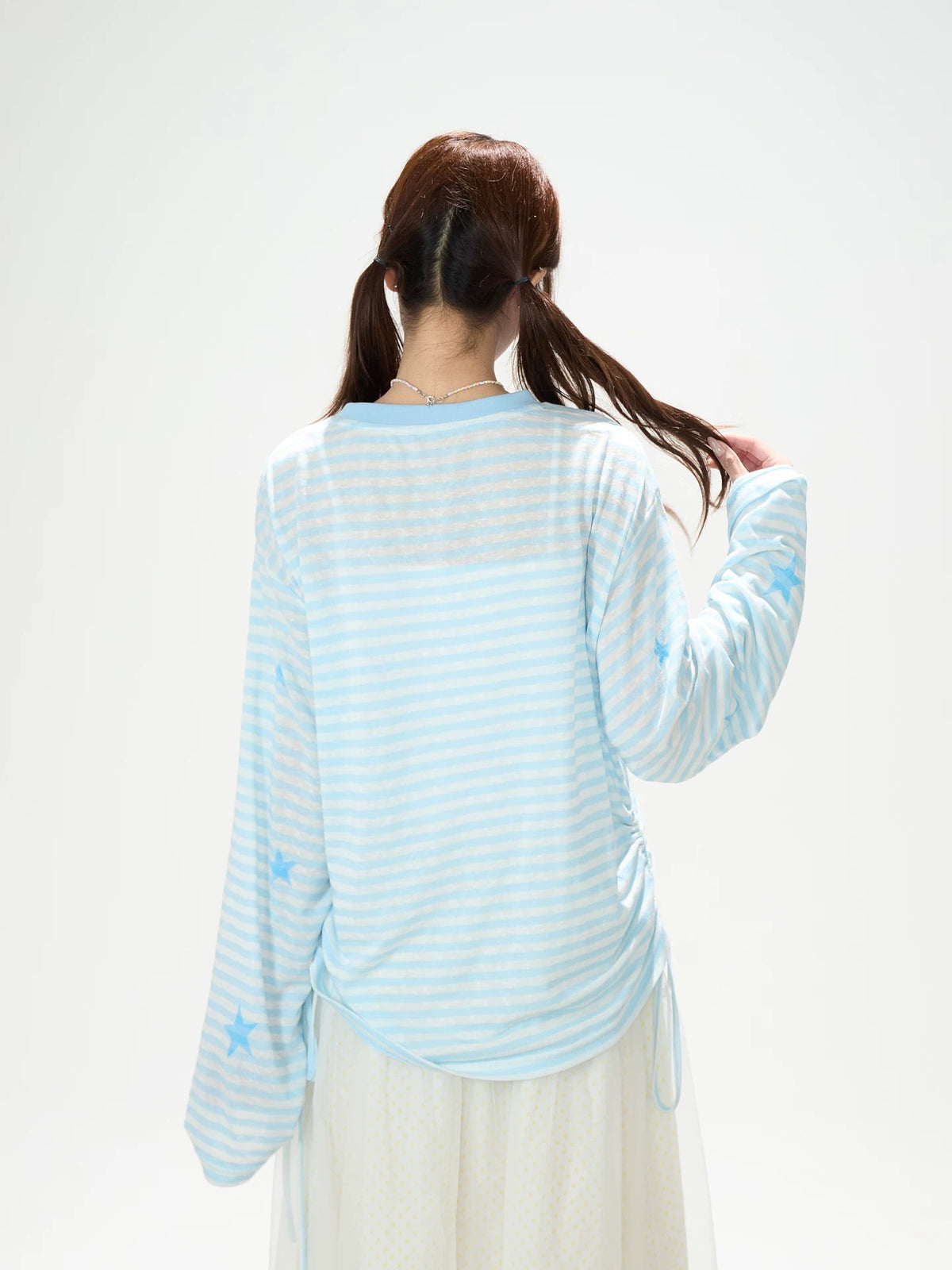 Pastel Stripe Cartoon Drawstring Long Sleeve Top & Khaki Wide-Leg Pants