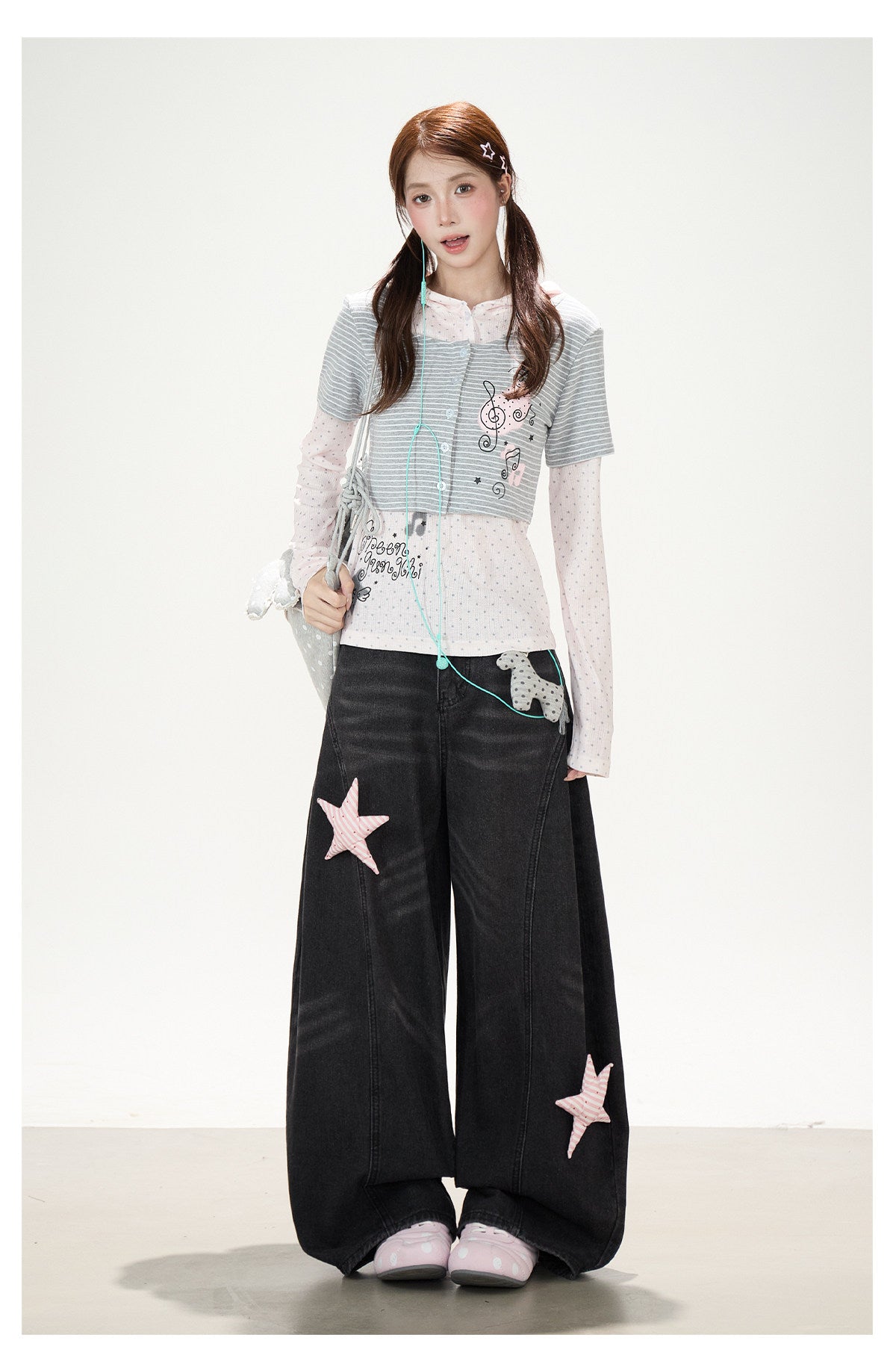 Striped Polka-Dot Layered Two-Piece Top Set & Star Patch Wide-Leg Jeans