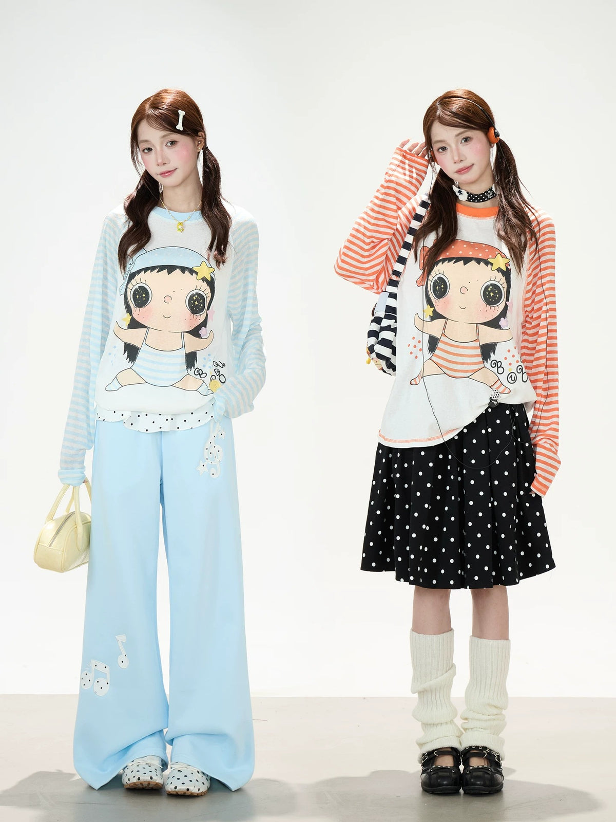Cartoon Girl Stripe Raglan Long Sleeve Top & Black Polka-Dot Ruffle Skirt