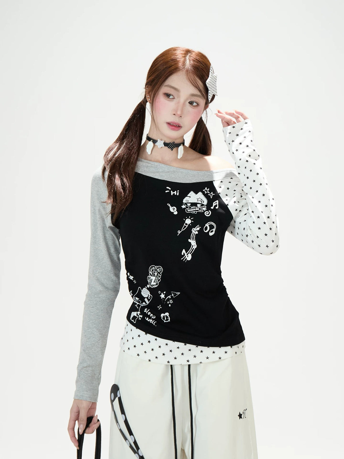 Cartoon Star Off-Shoulder Long Sleeve Top & Star Patch Wide-Leg Pants