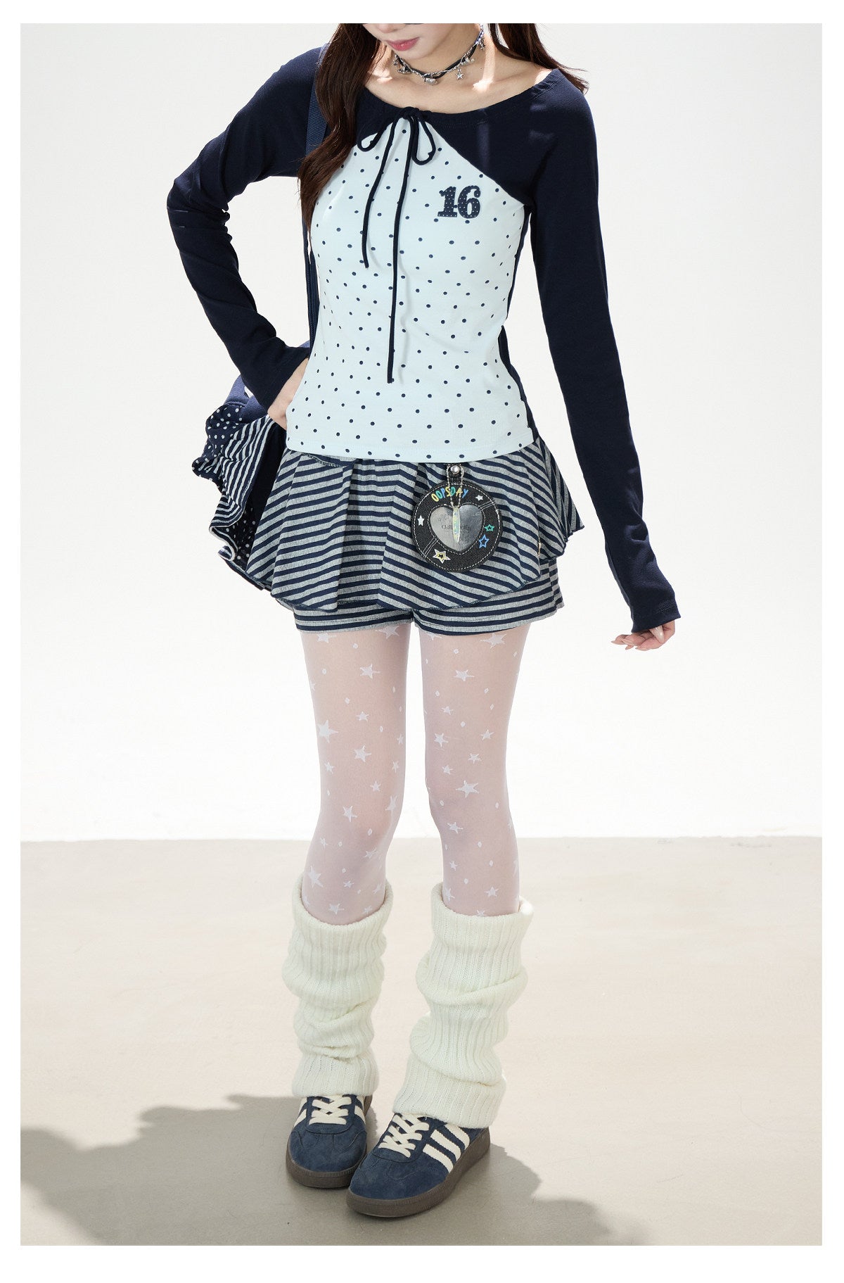 Polka-Dot Tie-Front Off-Shoulder Long Sleeve Top & Royal Blue Stripe Ruffle Mini Skirt