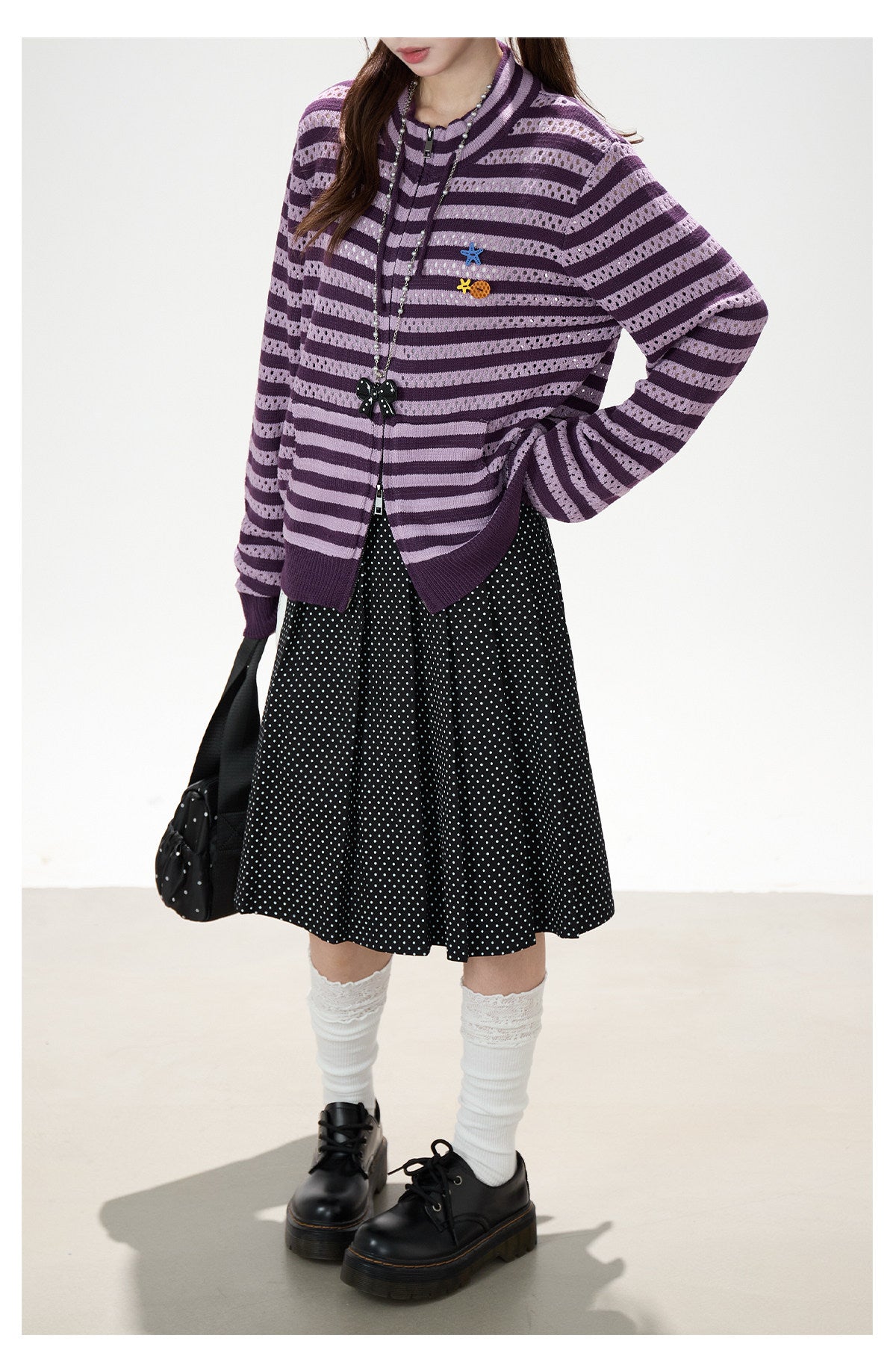 Striped Openwork Knit Cardigan & Black Polka-Dot Pleated Midi Skirt
