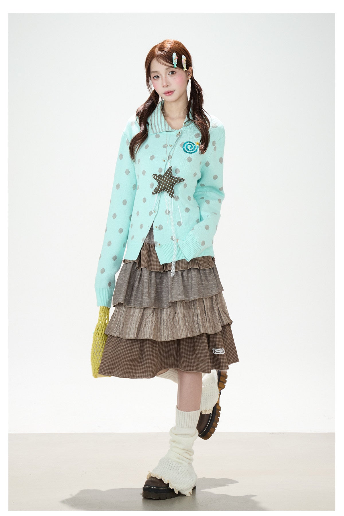 Polka-Dot Asymmetric Knit Cardigan & Tiered Midi Skirt