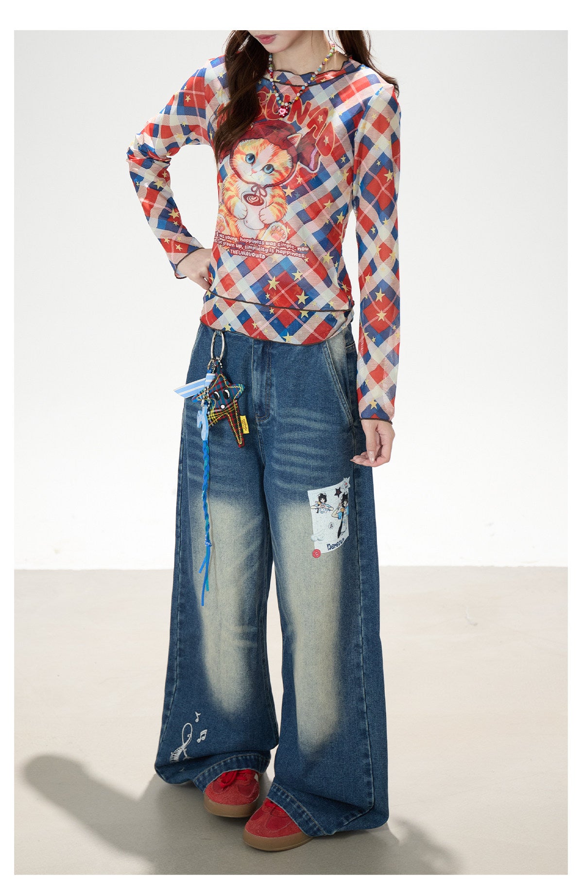 Cartoon Patch Washed Wide-Leg Jeans
