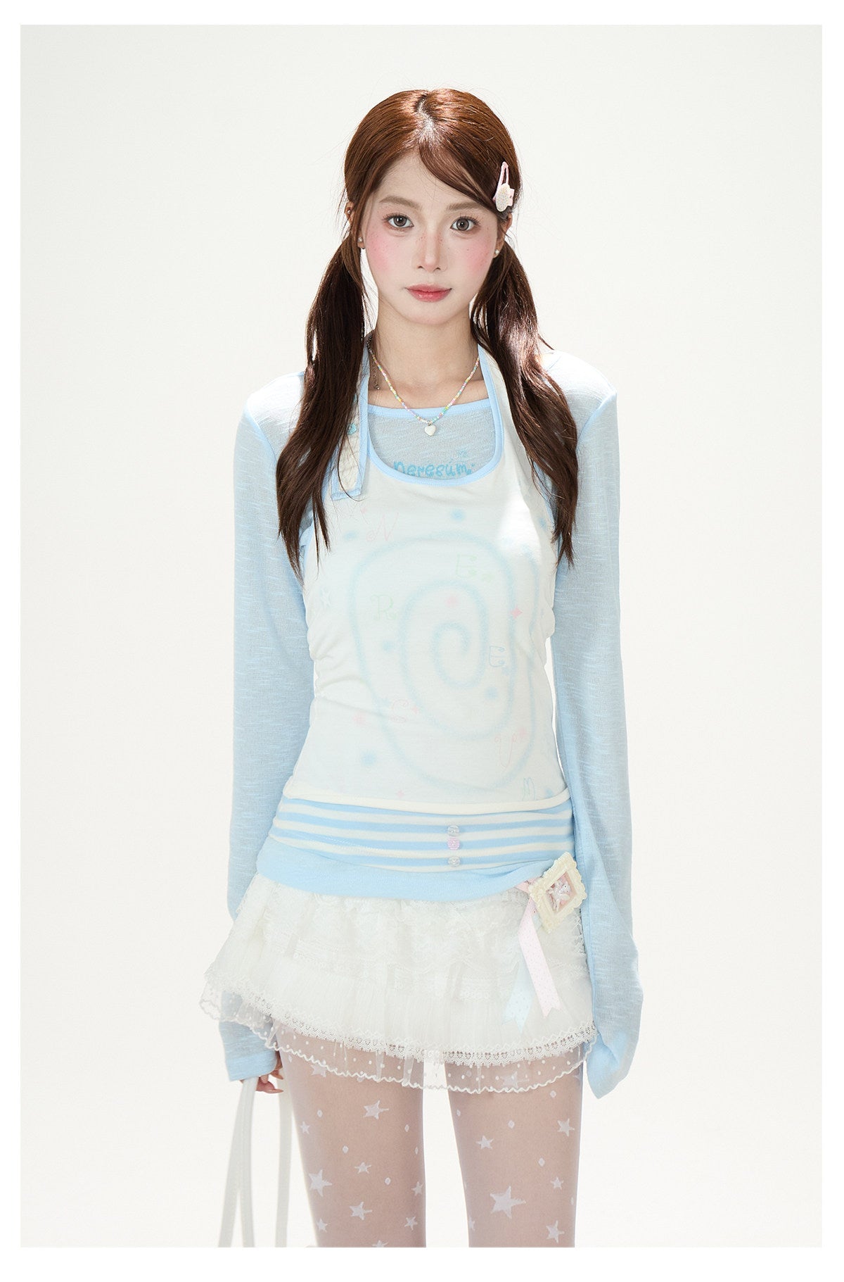 Sheer Blue Long Sleeve & Halter Cami Two-Piece Top Set