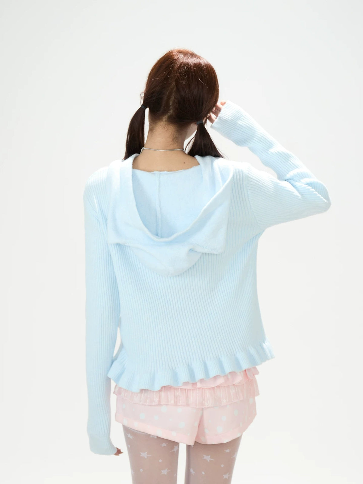 Cat-Ear Hooded Knit Zip Cardigan & Pink Ruffle Shorts