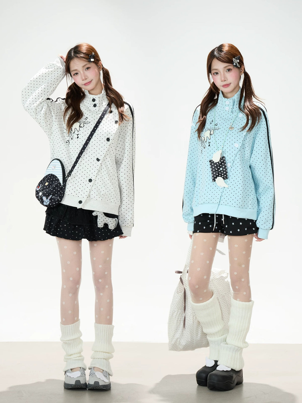 Polka-Dot Stripe Asymmetric Button Jacket & Star Print Shorts