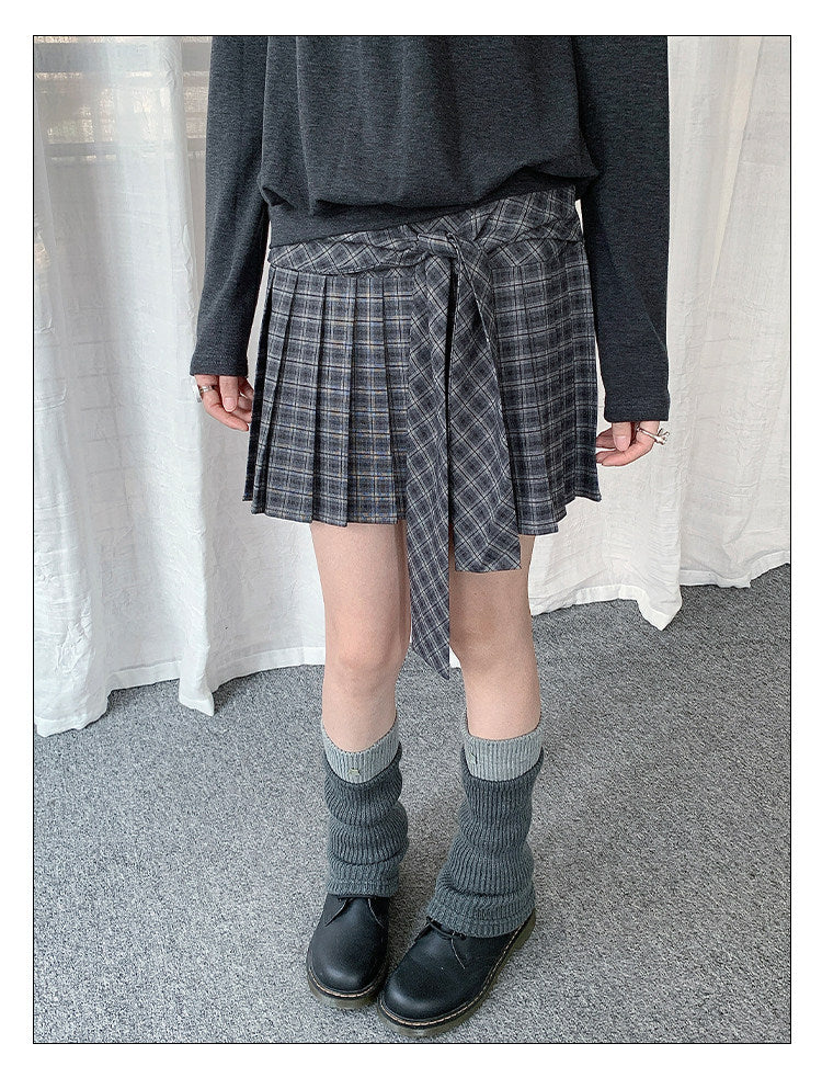 Wrap-Tie Plaid Pleated Mini Skirt