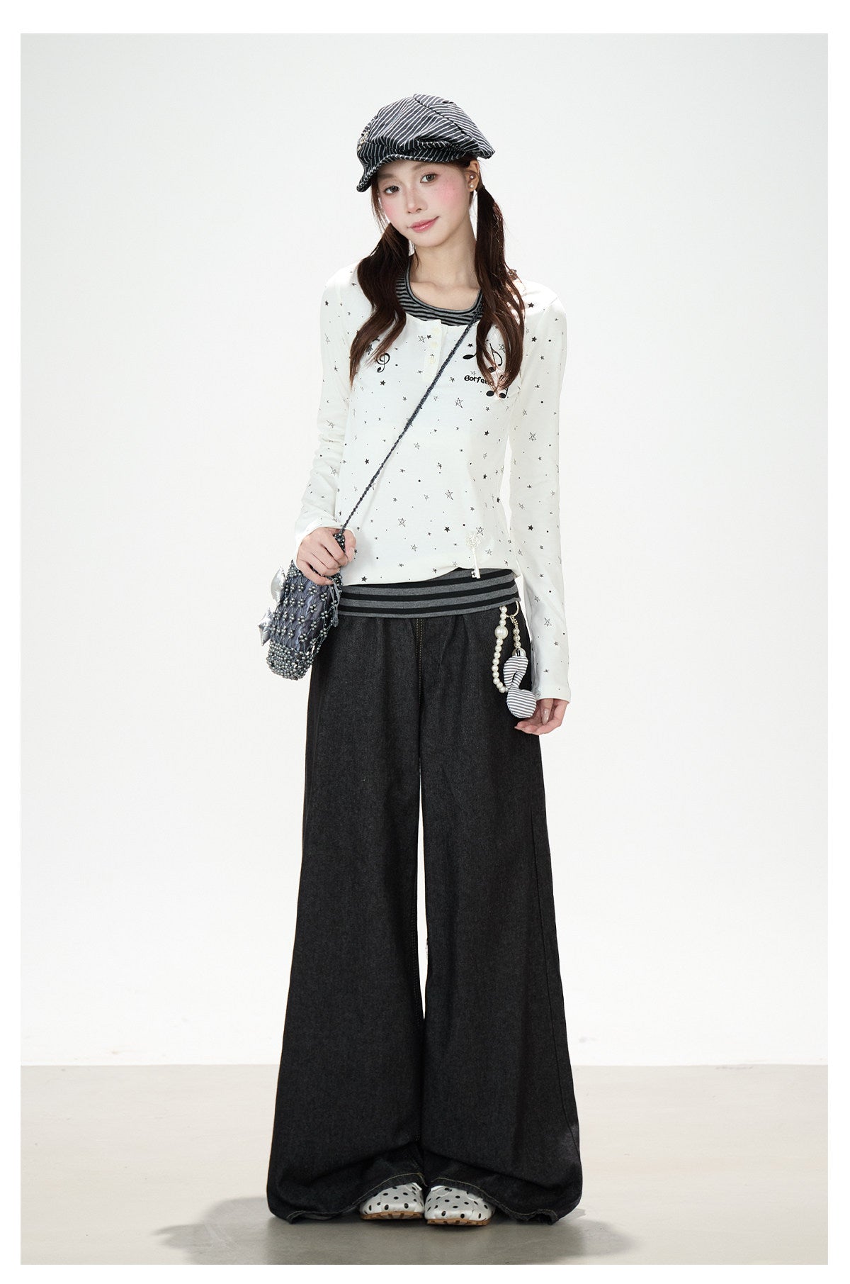 Star Music Note Halter Layered Long Sleeve Top & Black Wide-Leg Pants