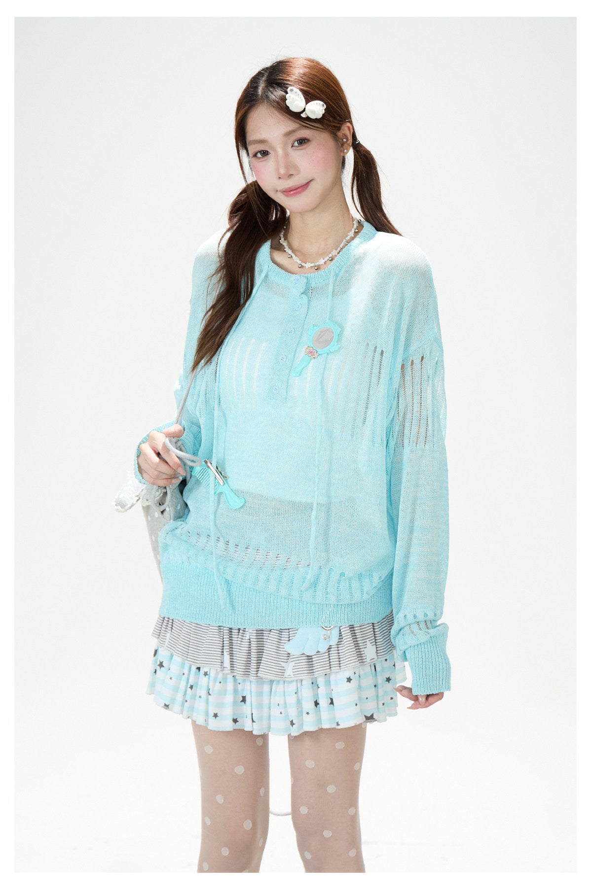Openwork Knit Long Sleeve Top & Light Blue Layered Ruffle Mini Skirt
