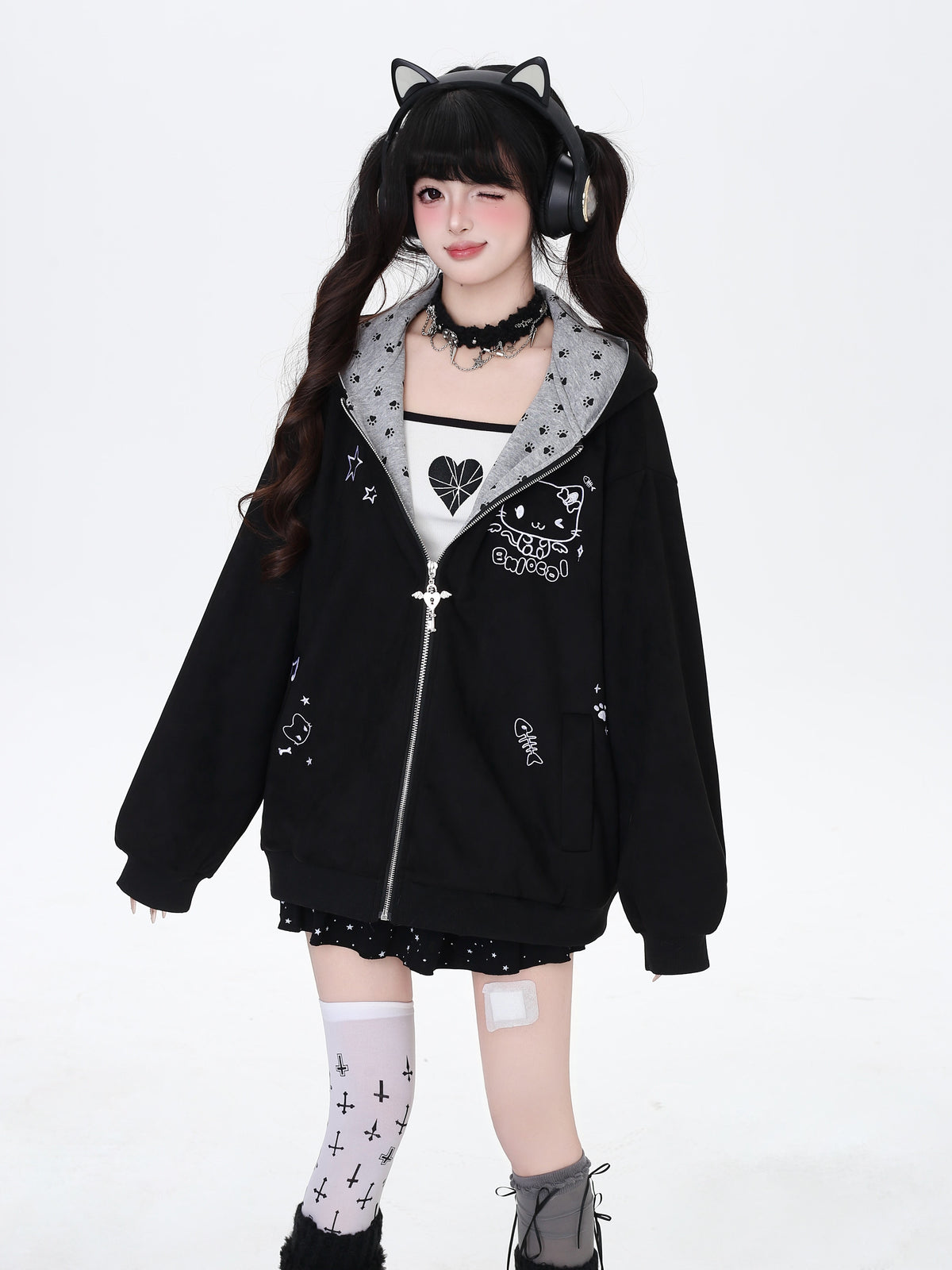 Cat Paw Embroidered Cat-Ear Zip Hoodie