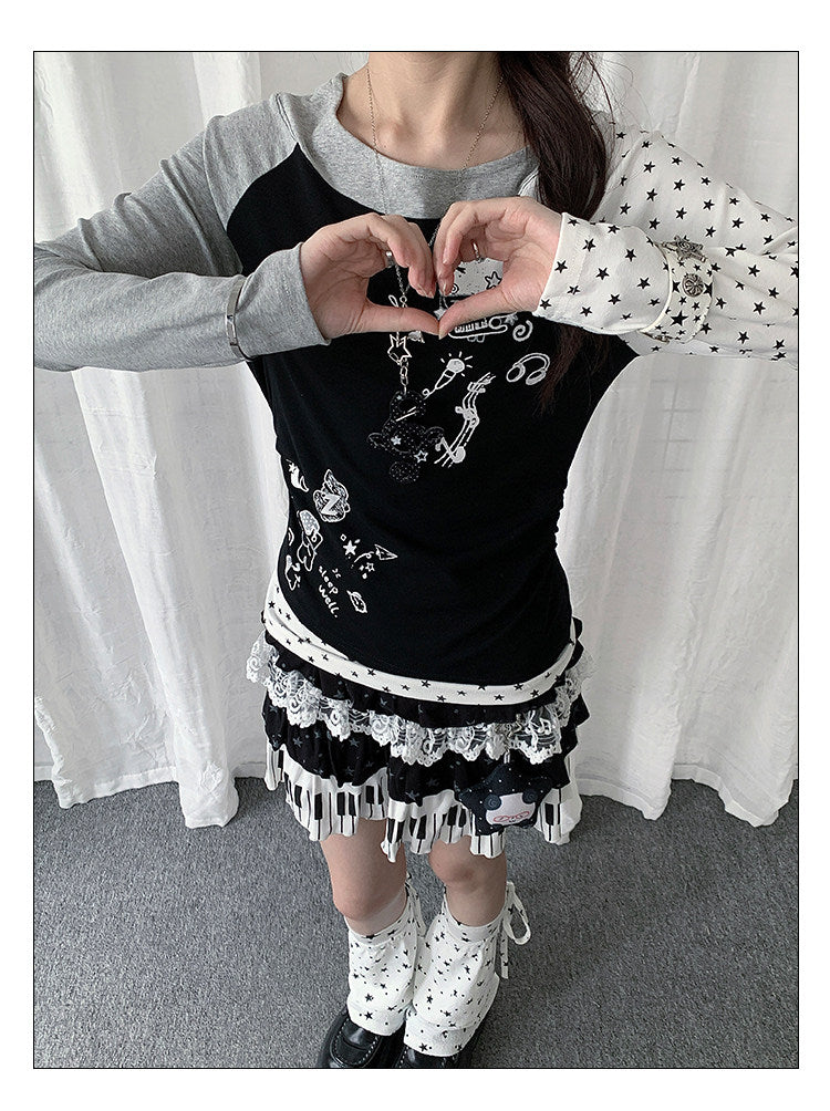 Star Graphic Asymmetric Layered Long Sleeve Top