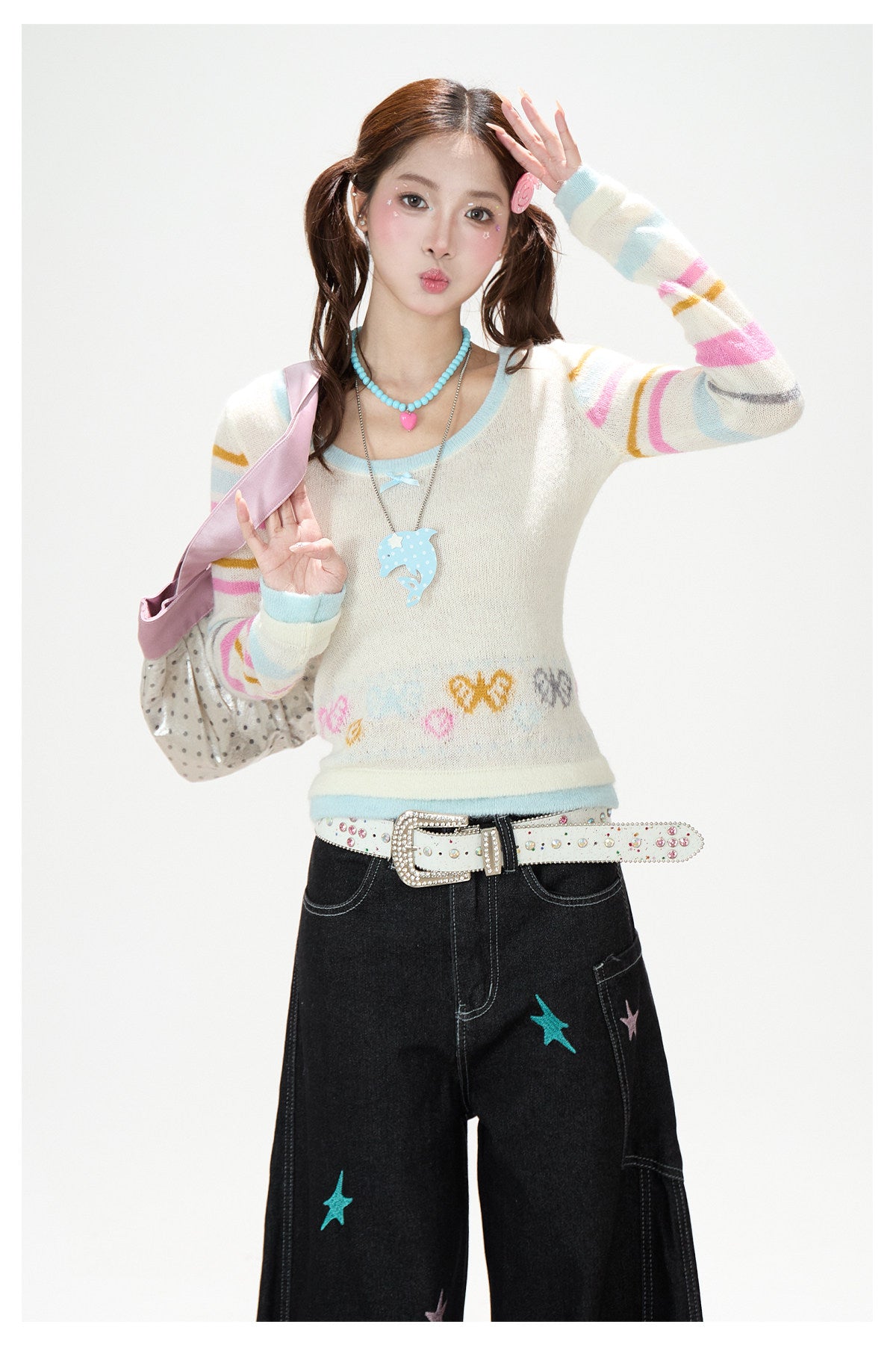 Star Embroidered Deconstructed Wide-Leg Cargo Jeans