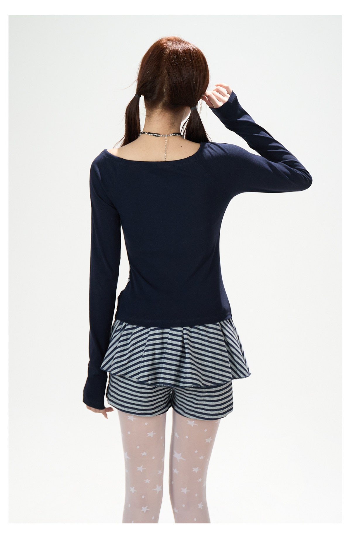 Polka-Dot Tie-Front Off-Shoulder Long Sleeve Top & Royal Blue Stripe Ruffle Mini Skirt