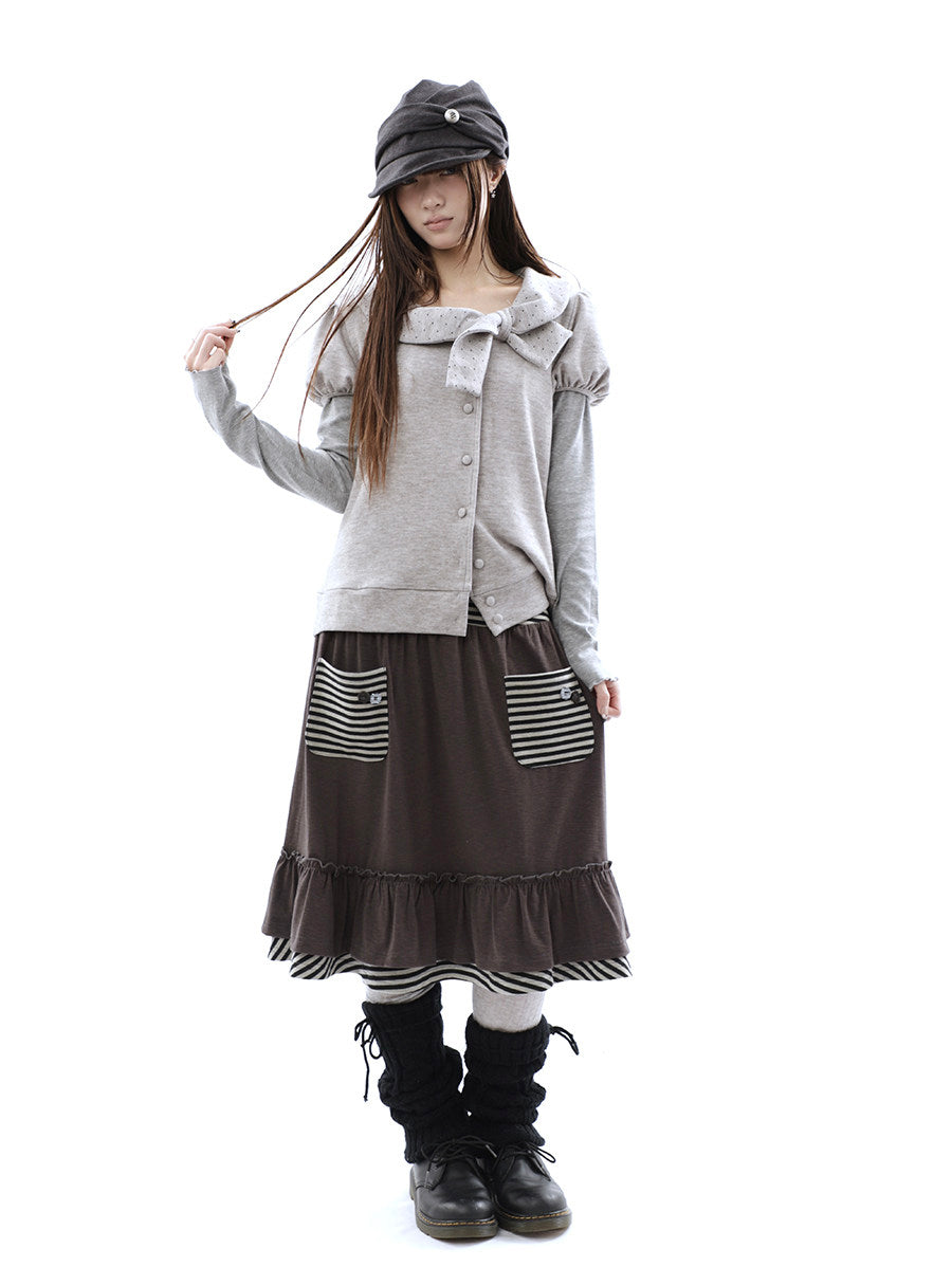 Polka Dot Bow Knit Top & Long Sleeve Two-Piece Set