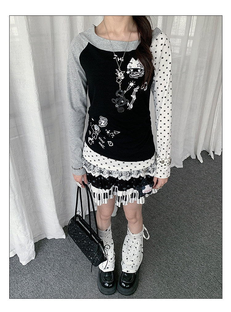 Star Graphic Asymmetric Layered Long Sleeve Top