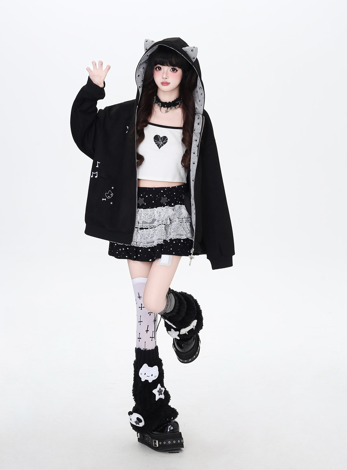Cat Paw Embroidered Cat-Ear Zip Hoodie
