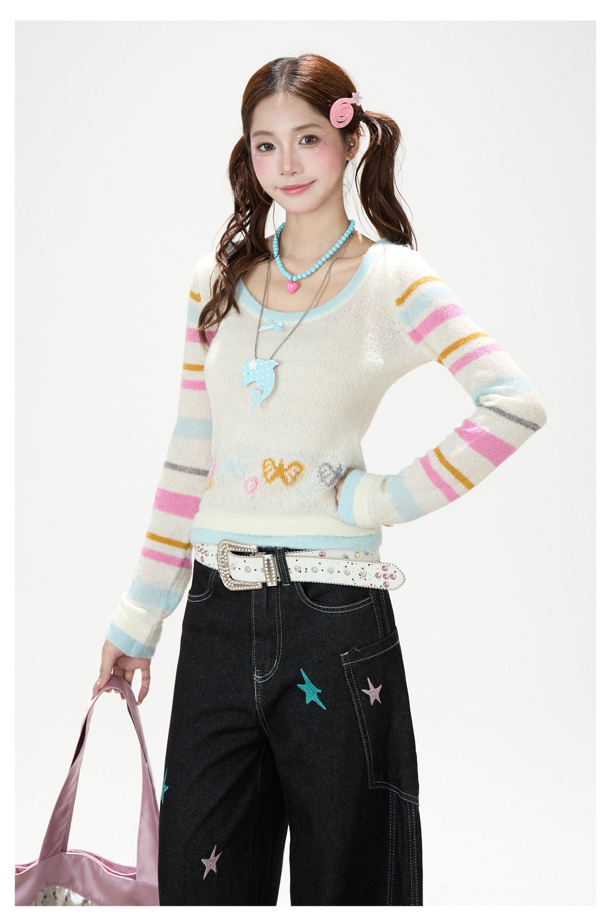 Star Embroidered Deconstructed Wide-Leg Cargo Jeans